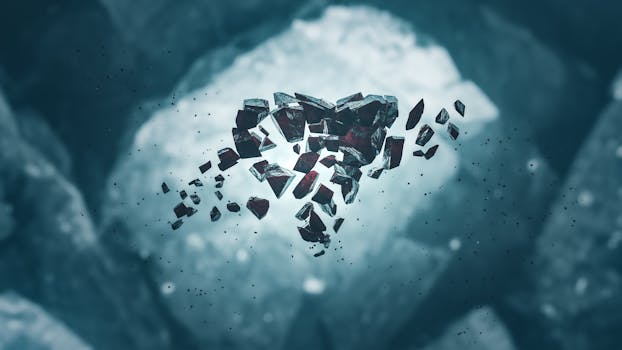 Exploding heart-shaped fragments in an icy abstract setting.