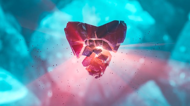Abstract image of a shattered heart-shaped crystal glowing with vibrant light and particles.